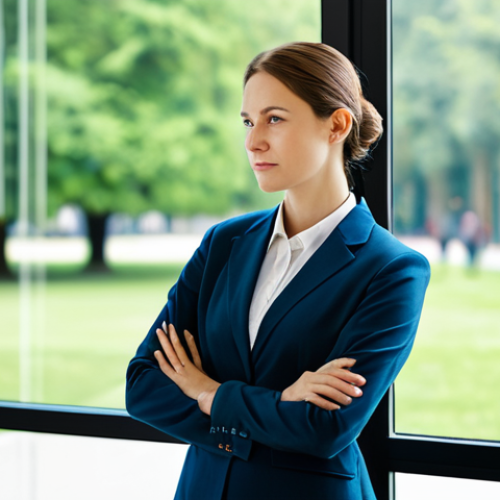 Home 6 A professional woman, fully clothed in modest business casual attire, standing by a window. One side of the composition subtly depicts a blurred, abstract digital interface with faint light, while her gaze and posture are directed towards a serene, vibrant park outside the window, bathed in natural light. Her expression is calm and relaxed, embodying a sense of peace and digital detachment. Perfect anatomy, correct proportions, natural pose, well-formed hands, proper finger count. Professional photography, high quality, safe for work, appropriate content, family-friendly.
