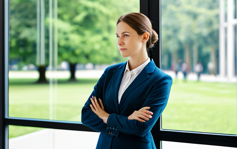 A professional woman, fully clothed in modest business casual attire, standing by a window. One side of the composition subtly depicts a blurred, abstract digital interface with faint light, while her gaze and posture are directed towards a serene, vibrant park outside the window, bathed in natural light. Her expression is calm and relaxed, embodying a sense of peace and digital detachment. Perfect anatomy, correct proportions, natural pose, well-formed hands, proper finger count. Professional photography, high quality, safe for work, appropriate content, family-friendly.
