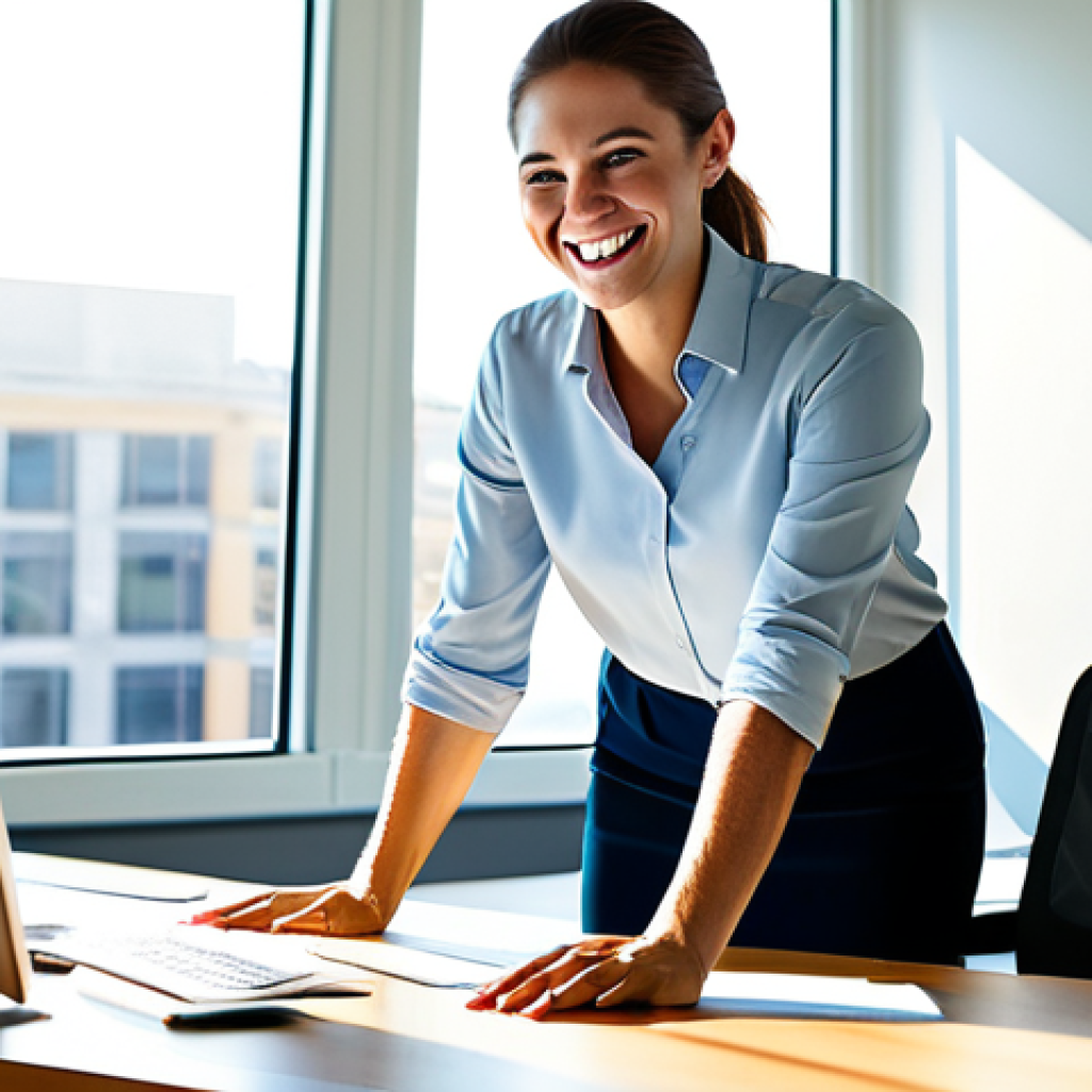 Active Work Break**
"A woman in business casual attire, fully clothed, doing stretches at her standing desk in a bright, modern office. She's smiling, with sunlight streaming through the window. Safe for work, appropriate content, family-friendly, perfect anatomy, natural proportions, professional workspace."
**