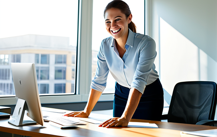 Active Work Break**
"A woman in business casual attire, fully clothed, doing stretches at her standing desk in a bright, modern office. She's smiling, with sunlight streaming through the window. Safe for work, appropriate content, family-friendly, perfect anatomy, natural proportions, professional workspace."
**