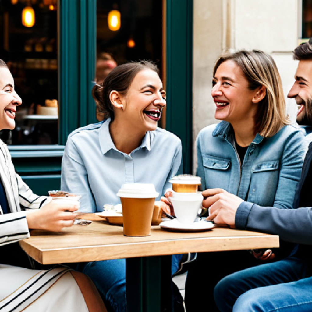 Authentic Connection in a Café**
"A group of fully clothed friends in appropriate attire, laughing and talking together at an outdoor café in Paris, France. They are enjoying coffee and pastries. The scene is warm and inviting, emphasizing genuine human connection and joy. Safe for work, family-friendly, perfect anatomy, natural proportions, professional photography, high quality, modest clothing."
**