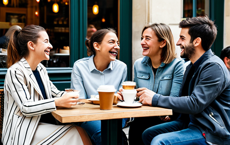 Authentic Connection in a Café**
"A group of fully clothed friends in appropriate attire, laughing and talking together at an outdoor café in Paris, France. They are enjoying coffee and pastries. The scene is warm and inviting, emphasizing genuine human connection and joy. Safe for work, family-friendly, perfect anatomy, natural proportions, professional photography, high quality, modest clothing."
**
