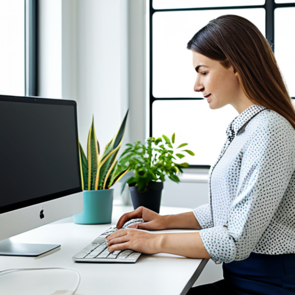 Eco-Friendly Tech User**
"A professional graphic designer working on a desktop computer in a bright, modern, eco-friendly office. She is wearing a modest, professional blouse and trousers, fully clothed, appropriate attire. The office features plants, natural light, and energy-efficient equipment. The scene emphasizes sustainability and responsible digital habits. Safe for work, perfect anatomy, natural proportions, professional photography, high quality, clean and organized."
**