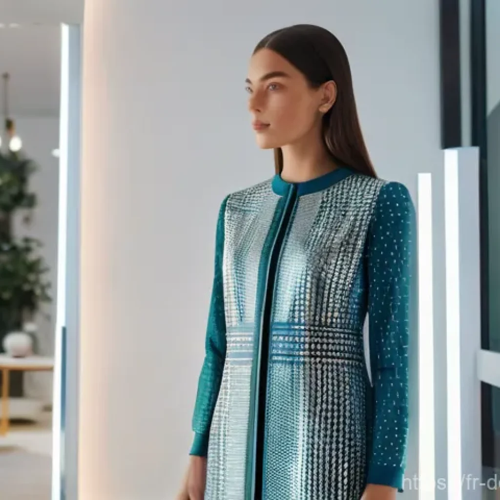 포스트 디지털 라이프스타일을 위한 패션 트렌드 - **Prompt:** A stylish young woman is standing in a brightly lit, modern smart home living room, inte...
