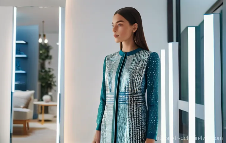 포스트 디지털 라이프스타일을 위한 패션 트렌드 - **Prompt:** A stylish young woman is standing in a brightly lit, modern smart home living room, inte...