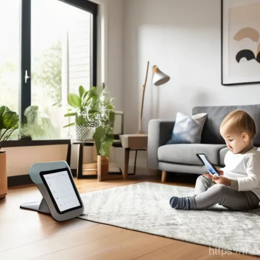 포스트 디지털 라이프스타일의 미래 예측 - **Smart Home Family Harmony:** A modern, sunlit open-plan living space. A family of four (parents in...