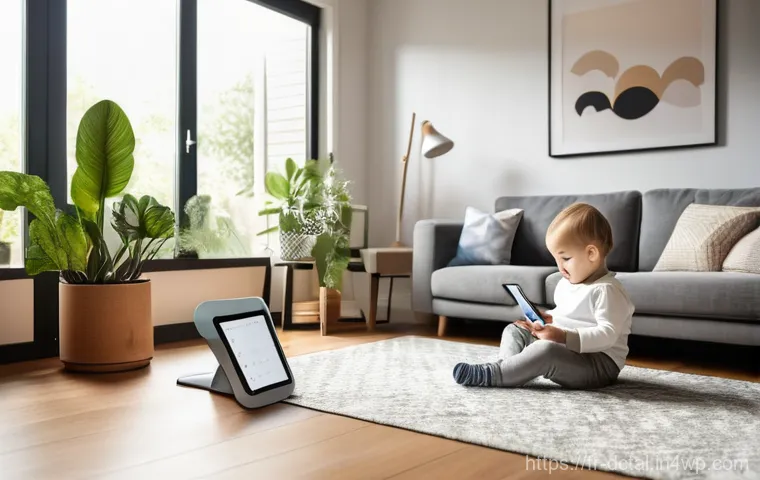 포스트 디지털 라이프스타일의 미래 예측 - **Smart Home Family Harmony:** A modern, sunlit open-plan living space. A family of four (parents in...