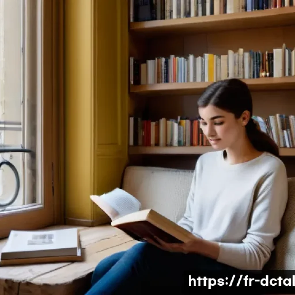 포스트 디지털 라이프스타일을 위한 독서 리스트 - A cozy modern reading nook in a Parisian apartment, featuring a young French adult woman wearing cas...