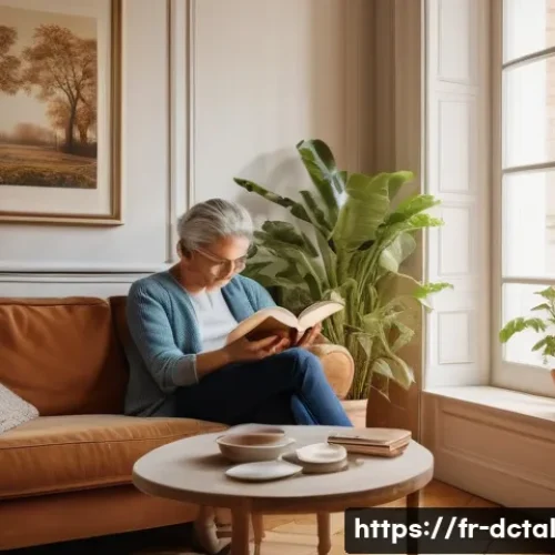 Home 33 디지털 기기와의 거리두기 실천 방법 - A cozy French living room scene in the early morning light, featuring a middle-aged person sitting p...
