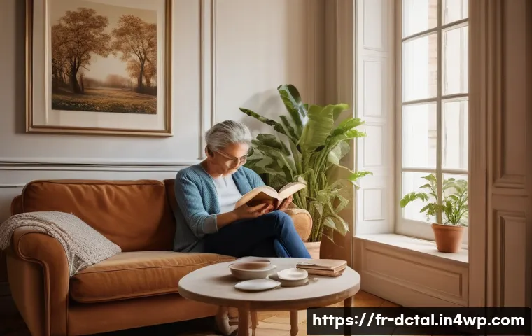 디지털 기기와의 거리두기  실천 방법 - A cozy French living room scene in the early morning light, featuring a middle-aged person sitting p...