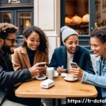 Home 20 포스트 디지털 라이프스타일의 사회적 변화 - A modern French urban café scene showing diverse people engaging in both face-to-face and digital co...