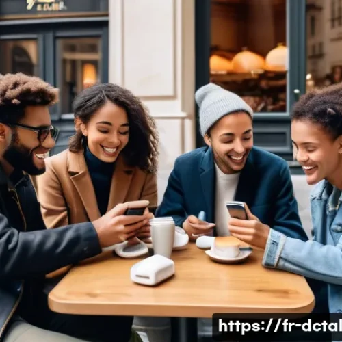 Home 32 포스트 디지털 라이프스타일의 사회적 변화 - A modern French urban café scene showing diverse people engaging in both face-to-face and digital co...