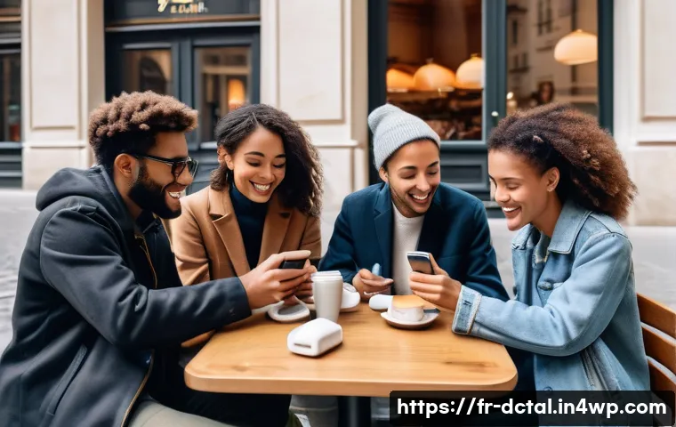 포스트 디지털 라이프스타일의 사회적 변화 - A modern French urban café scene showing diverse people engaging in both face-to-face and digital co...