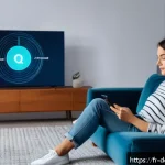 Home 19 디지털 미디어의 소비 패턴 변화 - A modern French living room scene featuring a young adult woman sitting comfortably on a sleek sofa,...