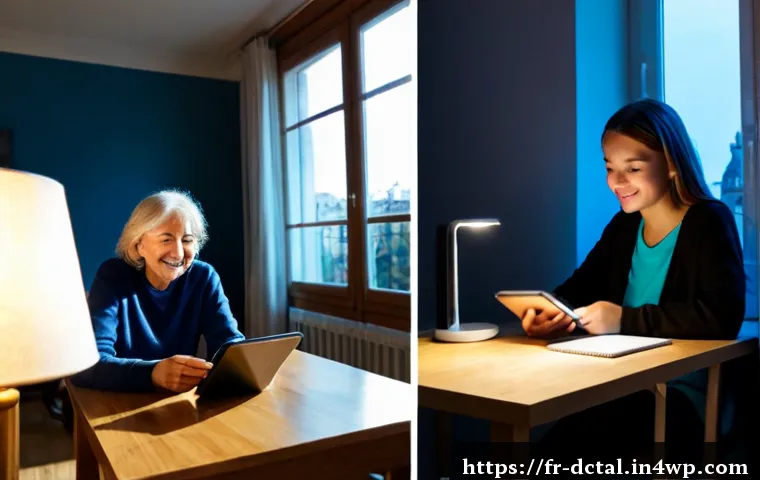 Home 17 디지털 기기의 긍정적 영향과 부정적 영향 - Photorealistic split-scene in a bright French family apartment: on the left, a smiling older woman v...
